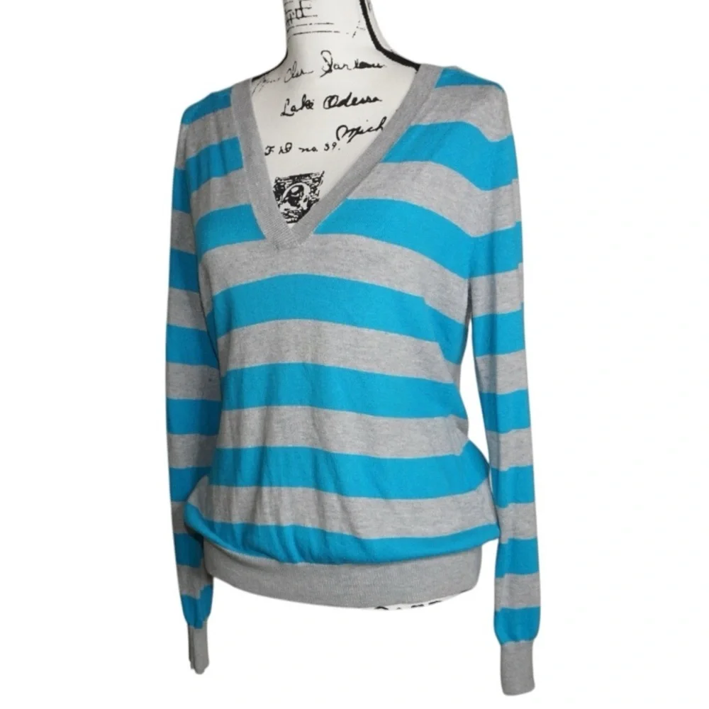 Tommy Hilfiger Gray & Blue Striped V-Neck Hooded Long Sleeve Pullover, Large - Picture 1 of 7